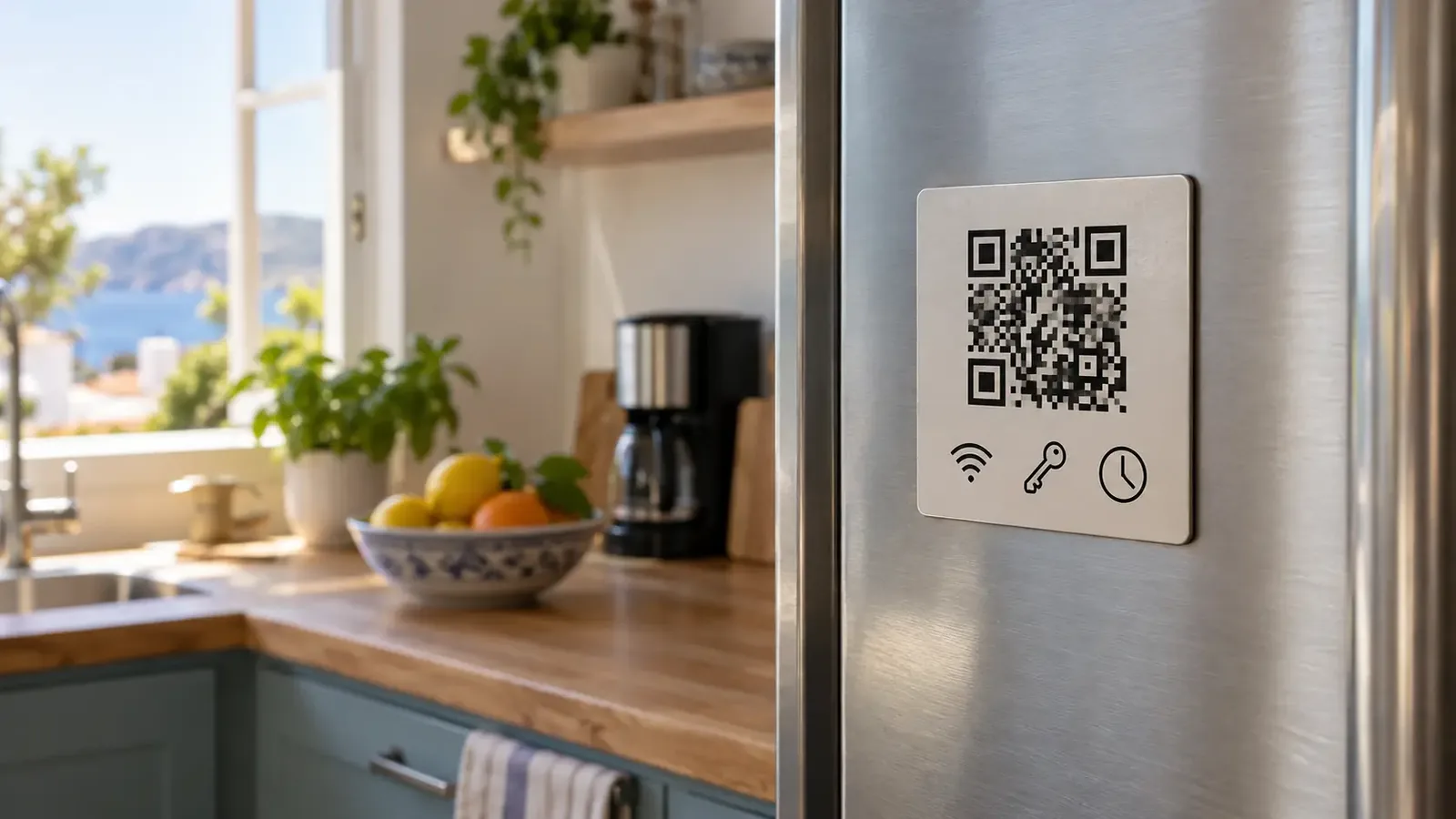 Placa con código QR e iconos de WiFi, llegada y horarios en la nevera de un apartamento vacacional