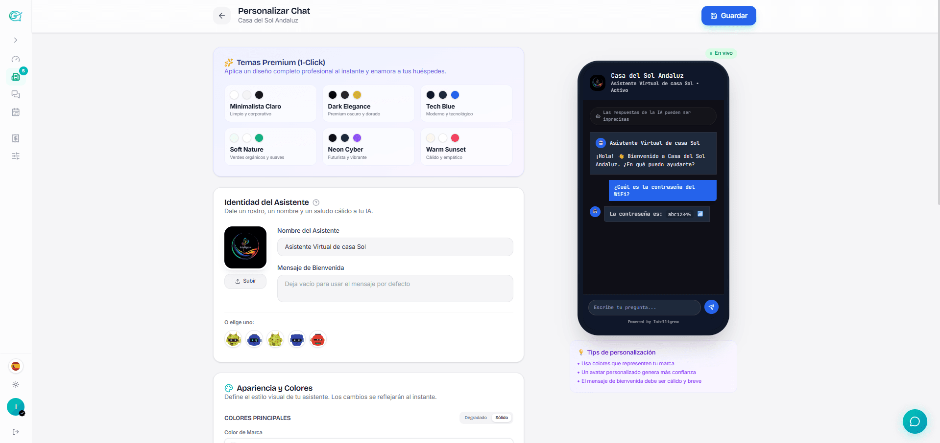 Chat de un alquiler vacacional con la marca del host integrada en colores y mensaje